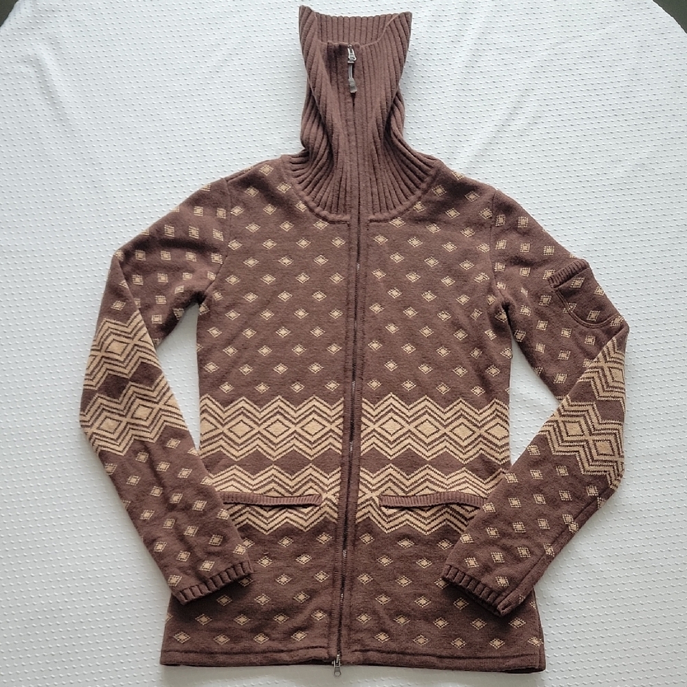 Athleta Cowl Neck Zipp Up Long Sleeve Small Wool Blend Dark Brown And Tan Teton